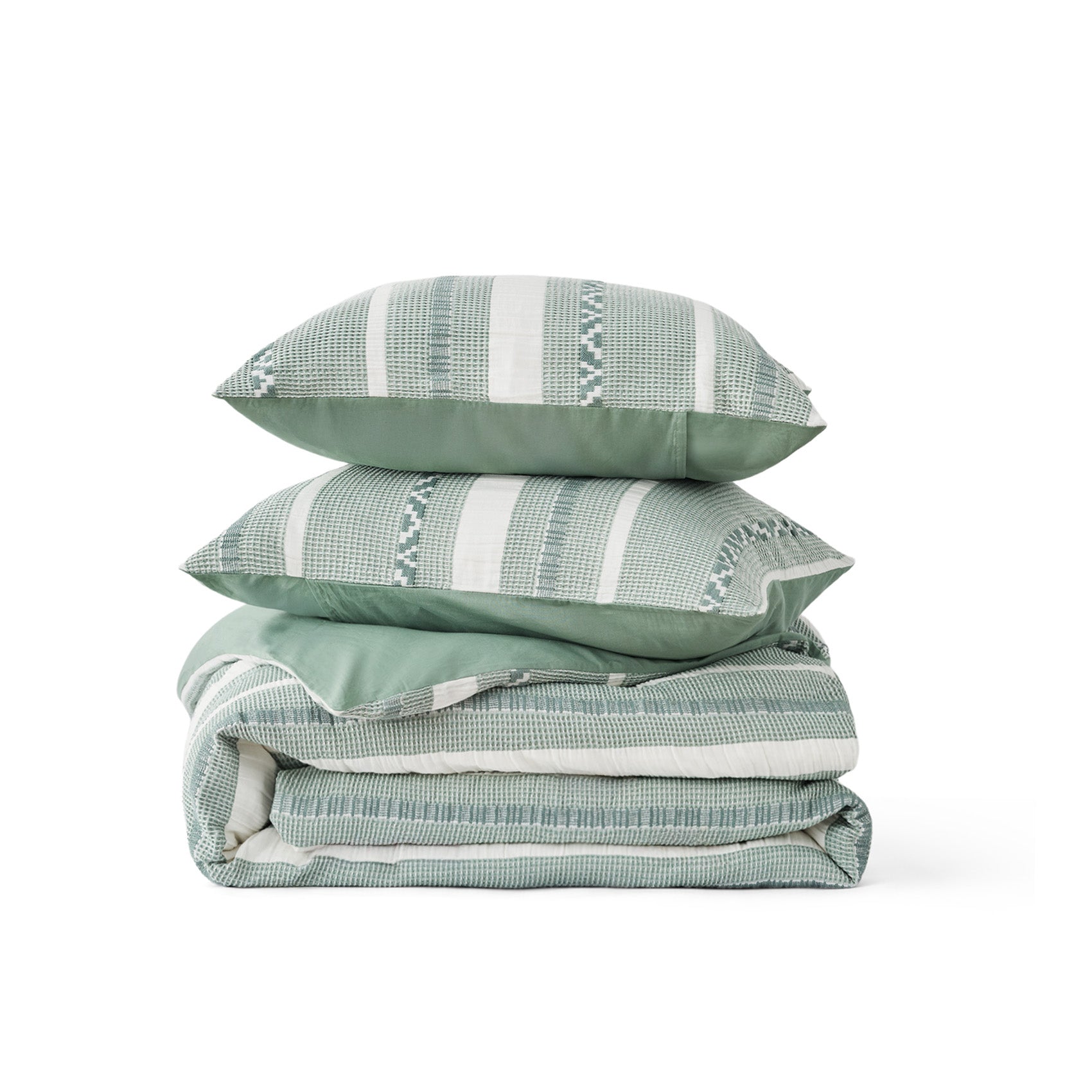 PureWoven cotton boho waffle weave duvet cover and sham set, textured green & white stripes.