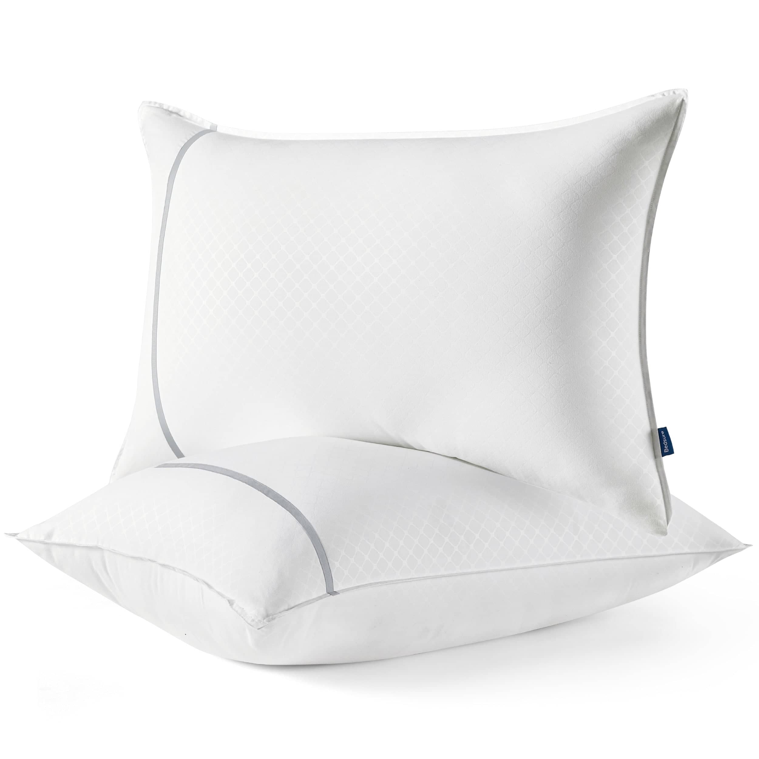 GentleSoft diamond pattern white pillows with gray piping, set of 2, on white background.