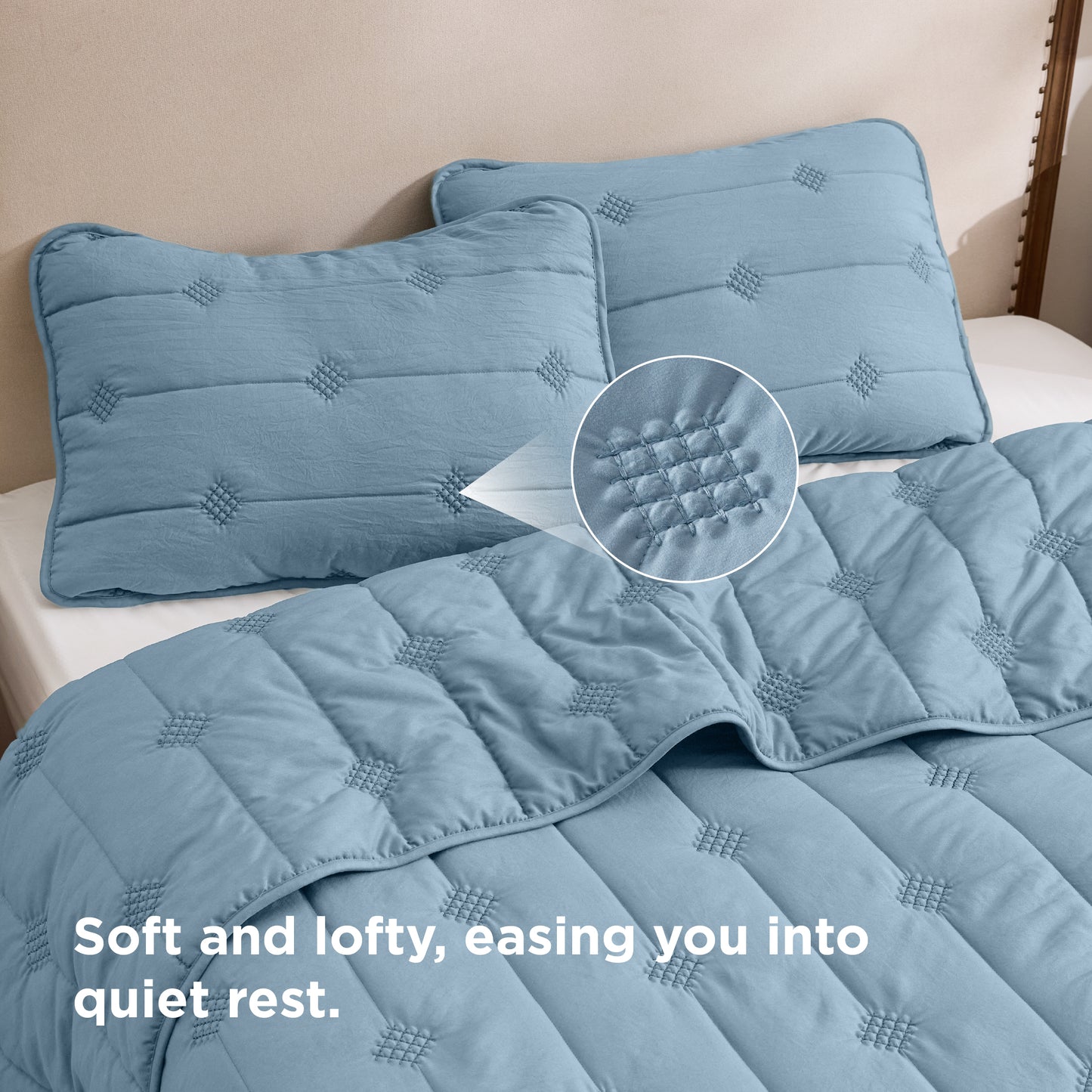 Light blue prewashed diamond quilt set with elegant dot stitch detail.