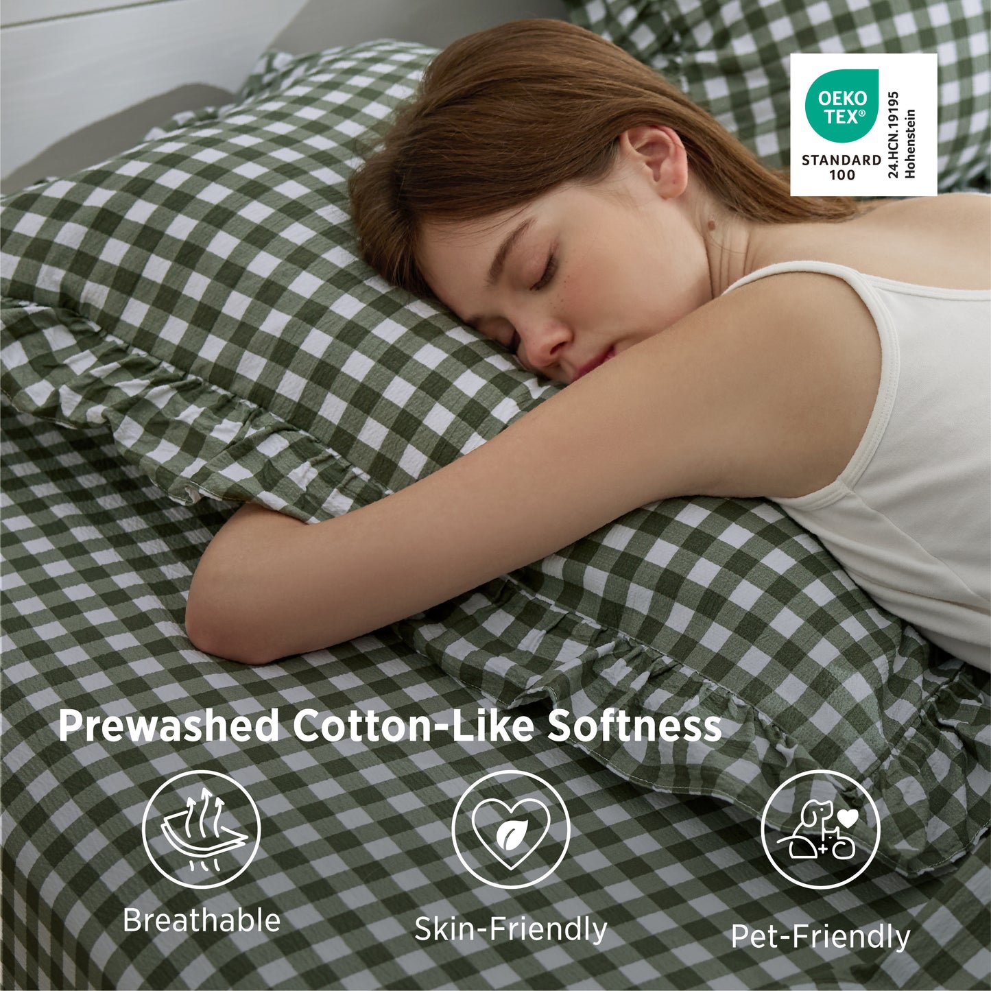 Ruffled Cotton-Like Gingham Sheet Set