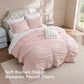 Pink ruched comforter set with bows, soft romantic French charm.