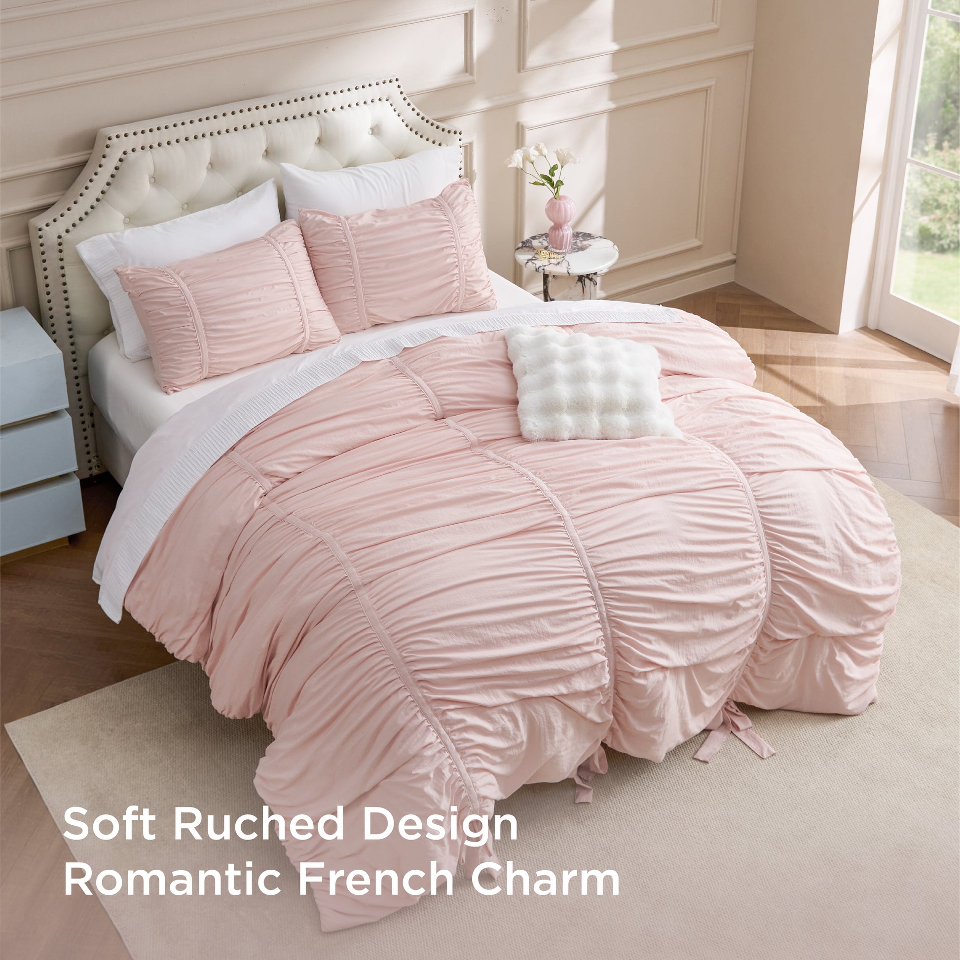 Pink ruched comforter set with bows, soft romantic French charm.