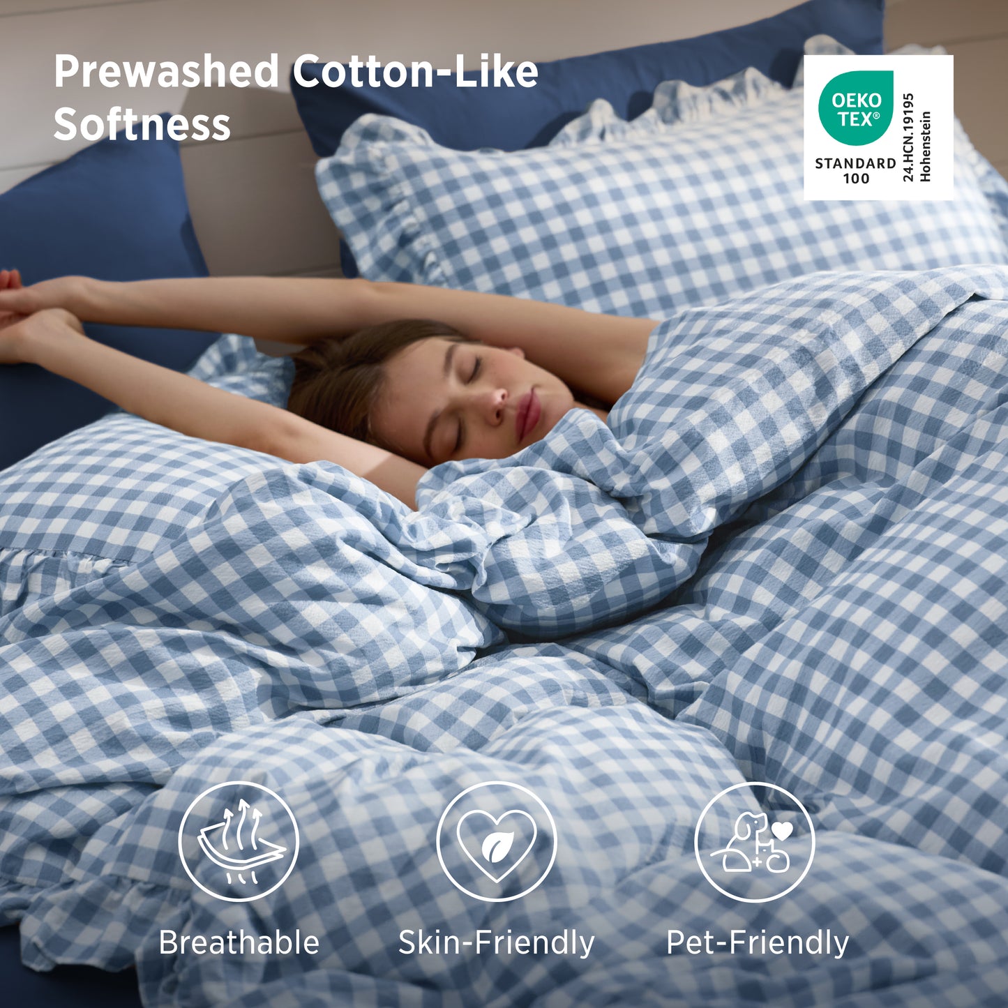 Ruffled Cotton-Like Gingham Duvet Cover Set