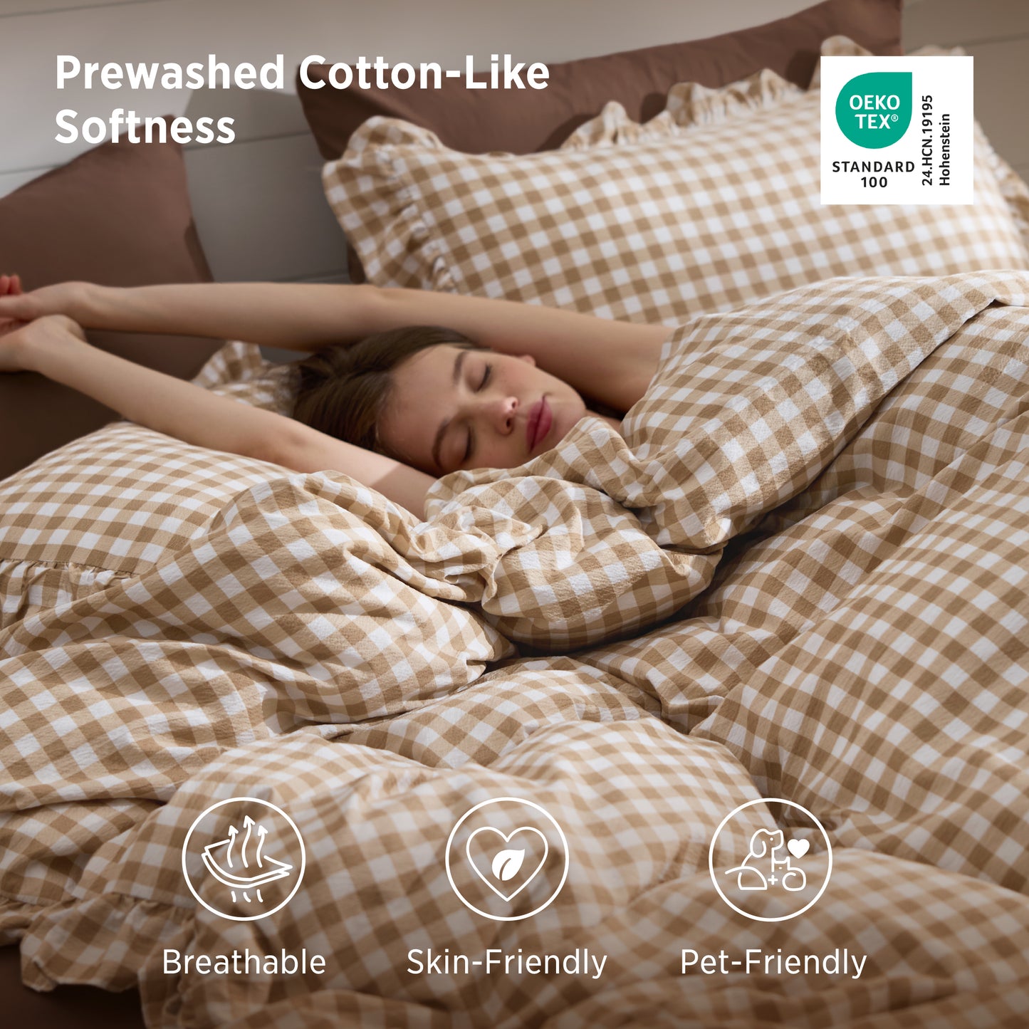 Ruffled Cotton-Like Gingham Duvet Cover Set