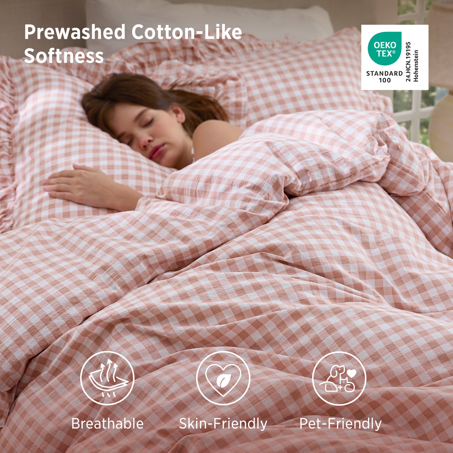 Ruffled Cotton-Like Gingham Duvet Cover Set
