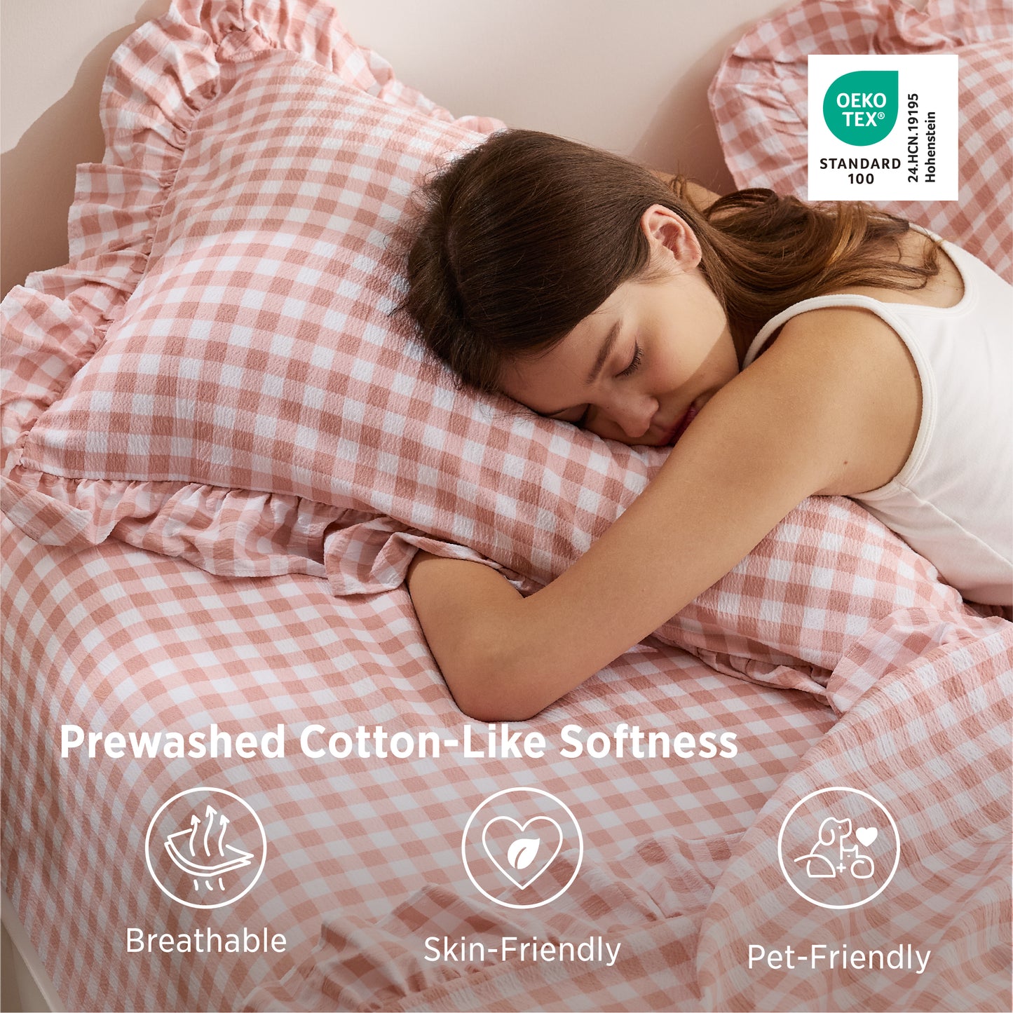 Ruffled Cotton-Like Gingham Sheet Set