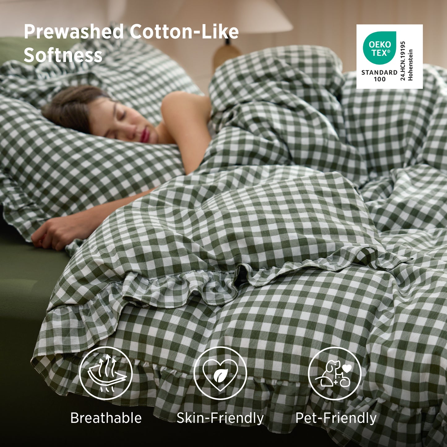 Ruffled Cotton-Like Gingham Duvet Cover Set