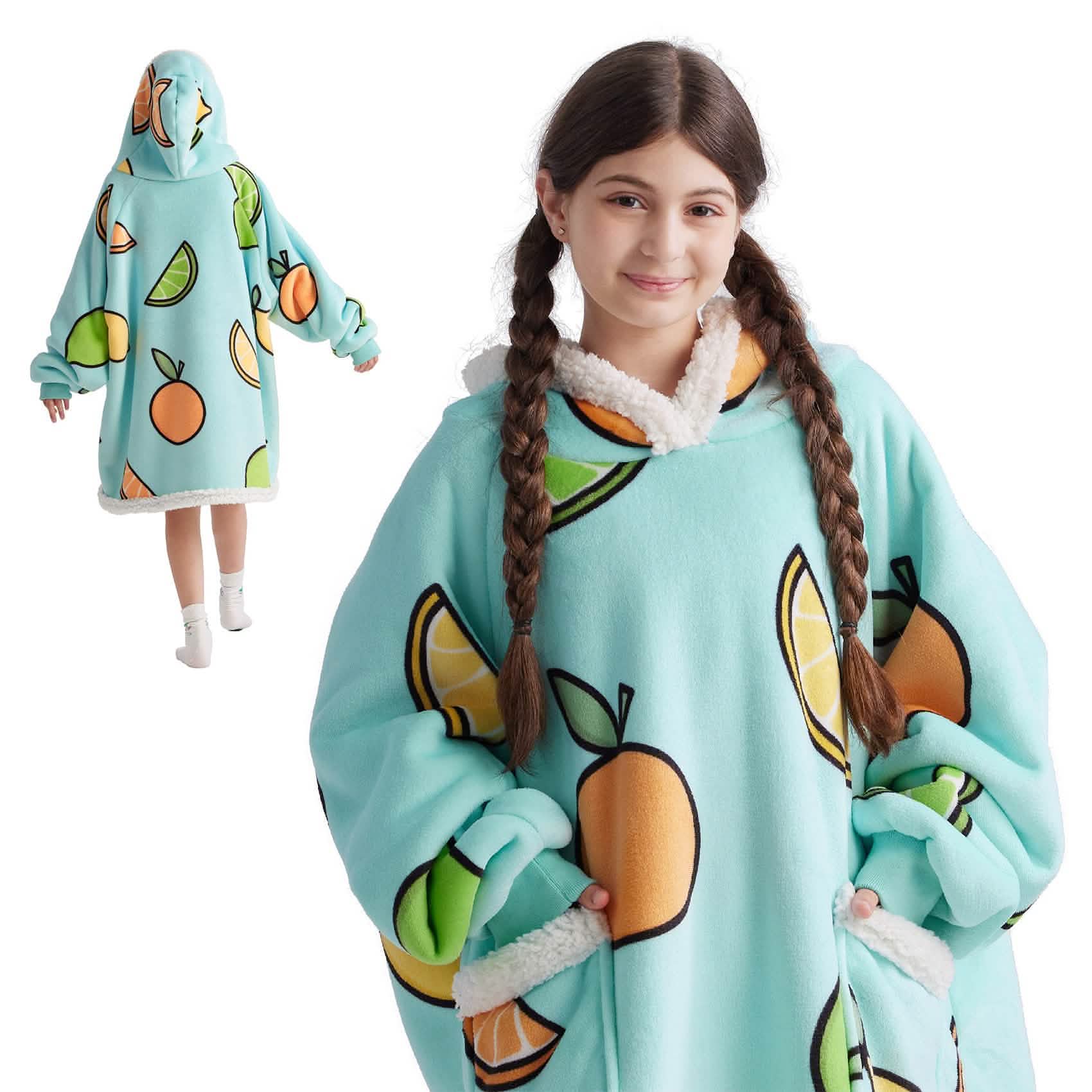 Cute Printed Patterns Sherpa Blanket Hoodie Teal