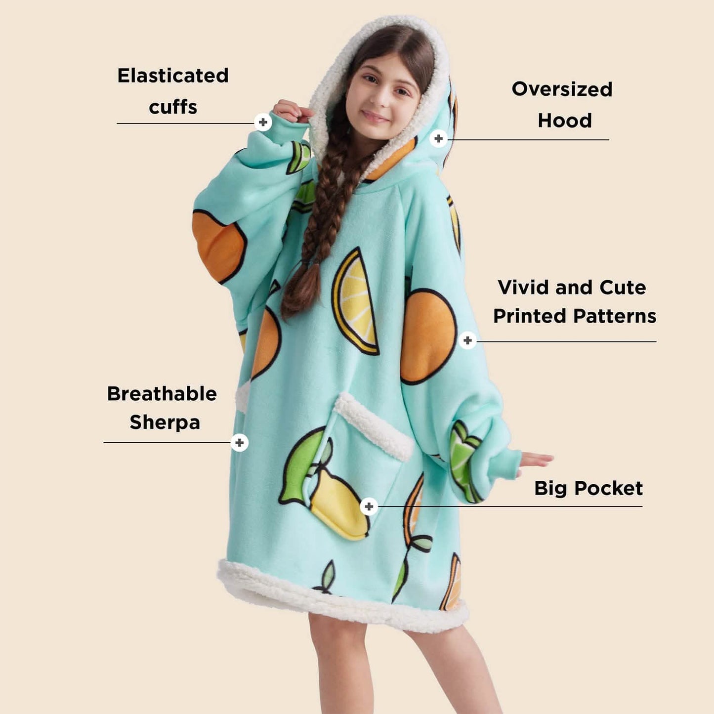Cute Printed Patterns Sherpa Blanket Hoodie Teal