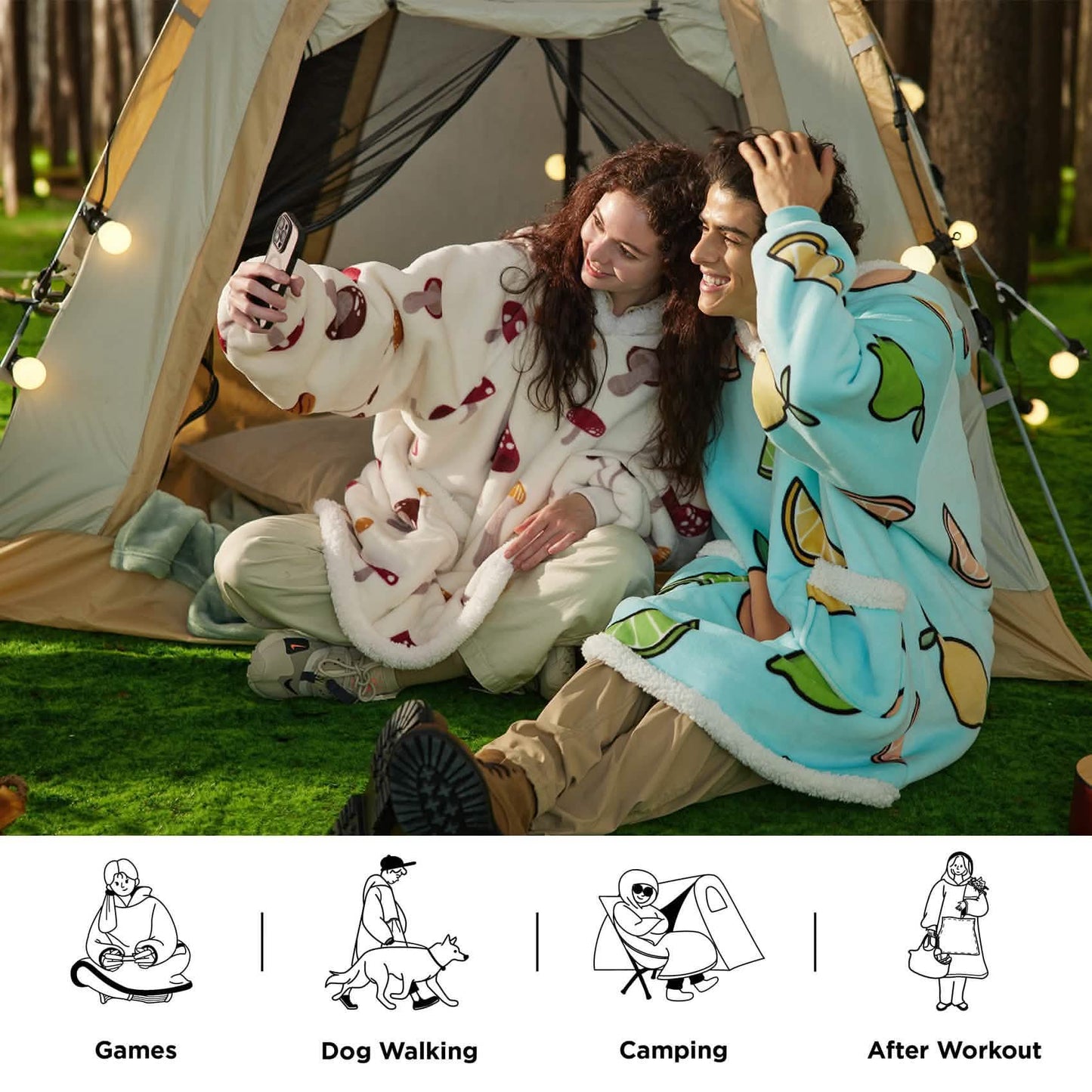 Cute Printed Patterns Sherpa Blanket Hoodie Teal
