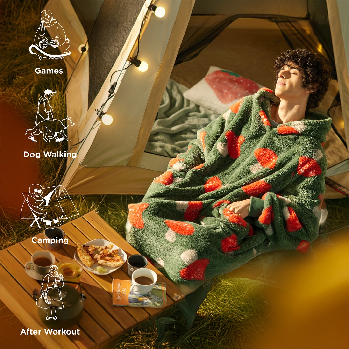 Printed Shaggy Sherpa Blanket Hoodie Olive Green