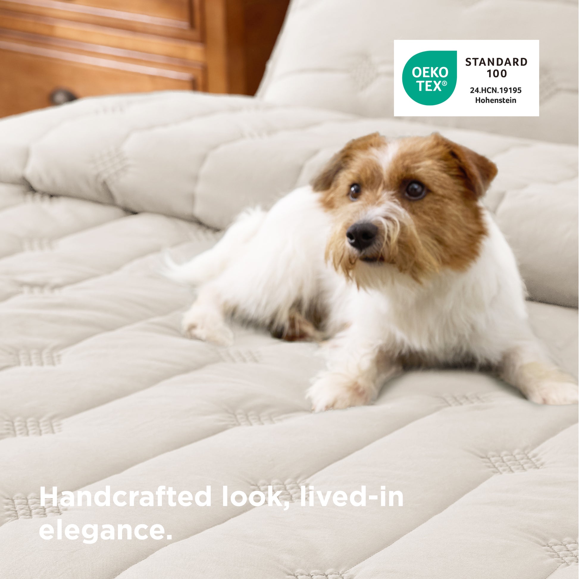 Prewashed diamond quilt set with handcrafted dot stitching and OEKO-TEX certification.