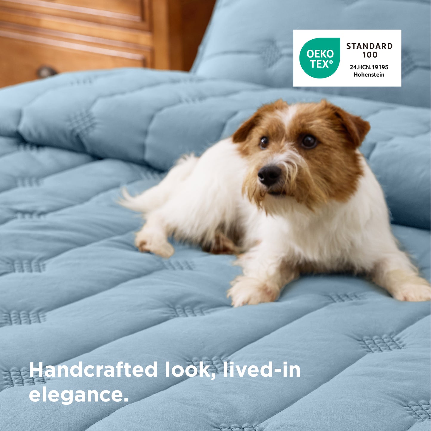 Prewashed diamond quilt set in light blue with dog. OEKO-TEX certified. Handcrafted.