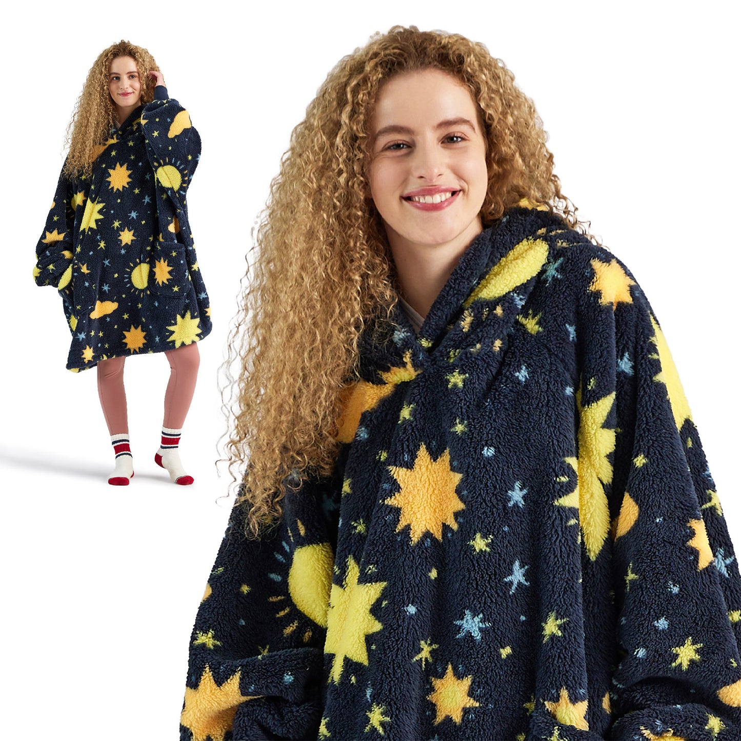 Printed Shaggy Sherpa Blanket Hoodie Navy Blue