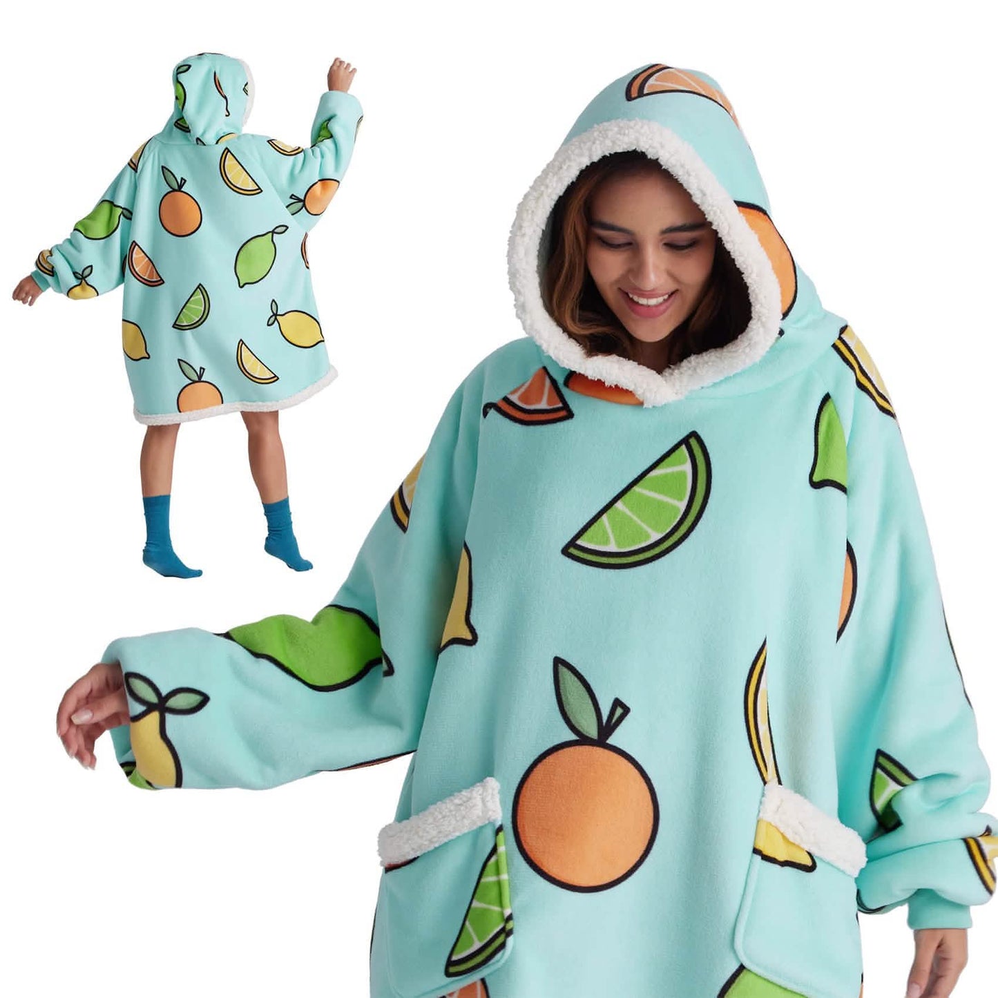 Cute Printed Patterns Sherpa Blanket Hoodie Teal