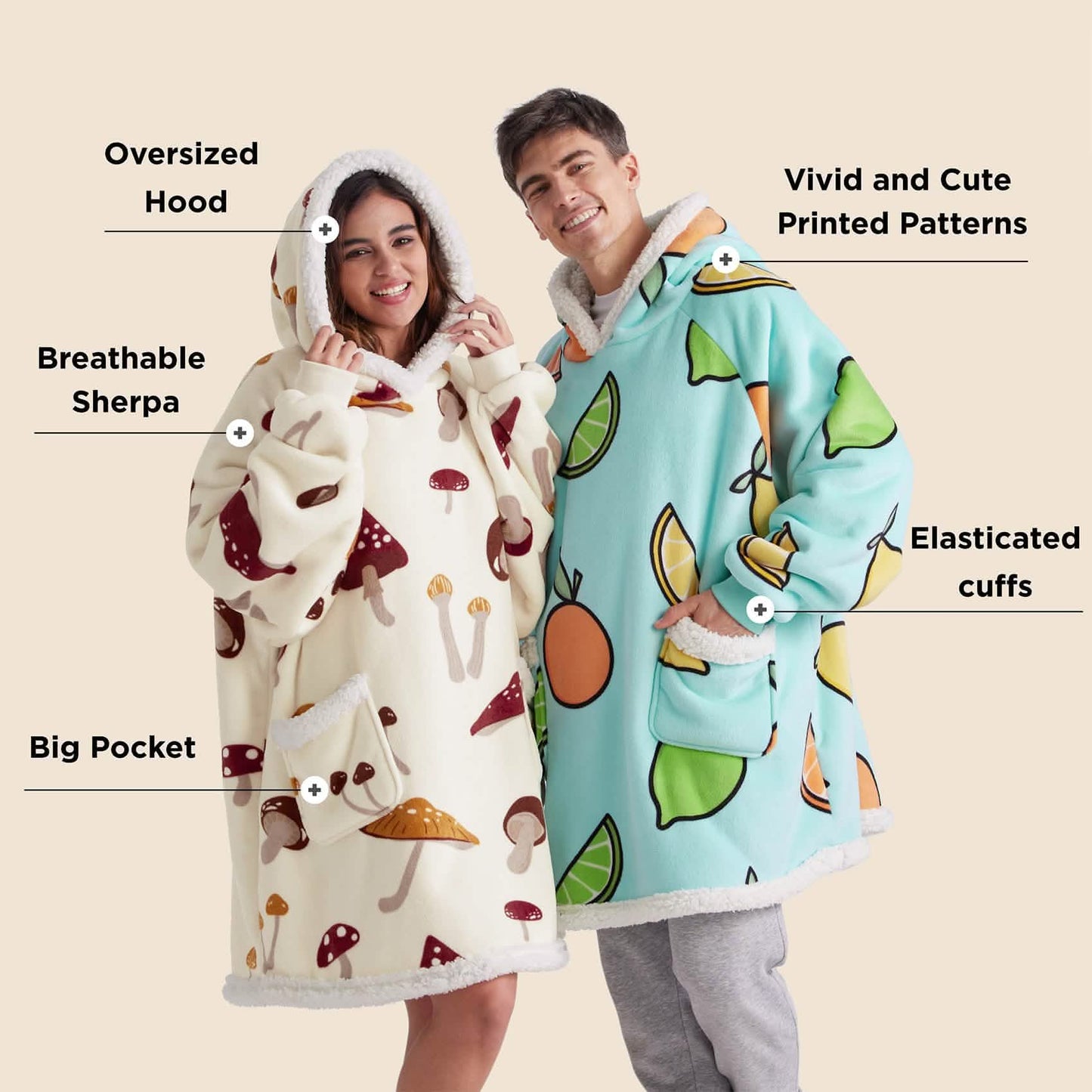 Cute Printed Patterns Sherpa Blanket Hoodie Teal