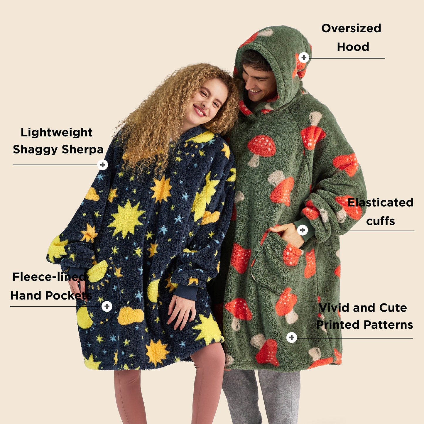 Printed Shaggy Sherpa Blanket Hoodie Navy Blue
