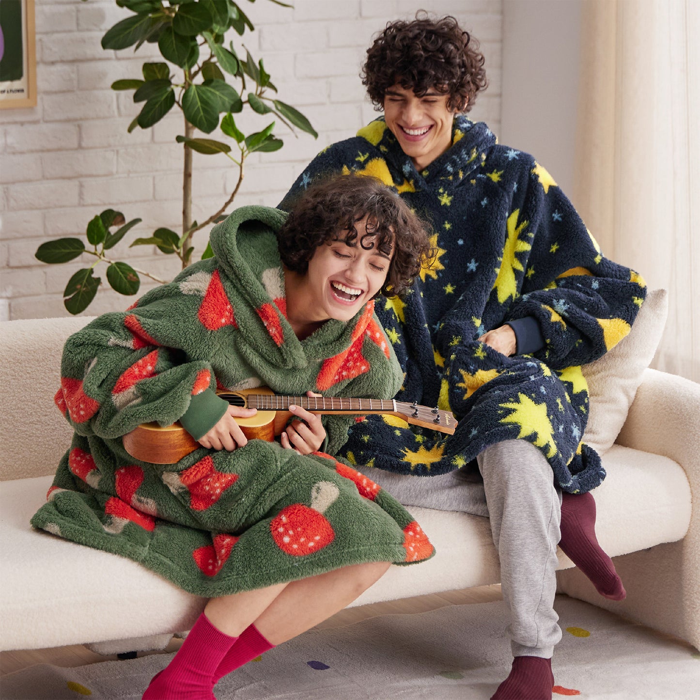 Printed Shaggy Sherpa Blanket Hoodie Navy Blue