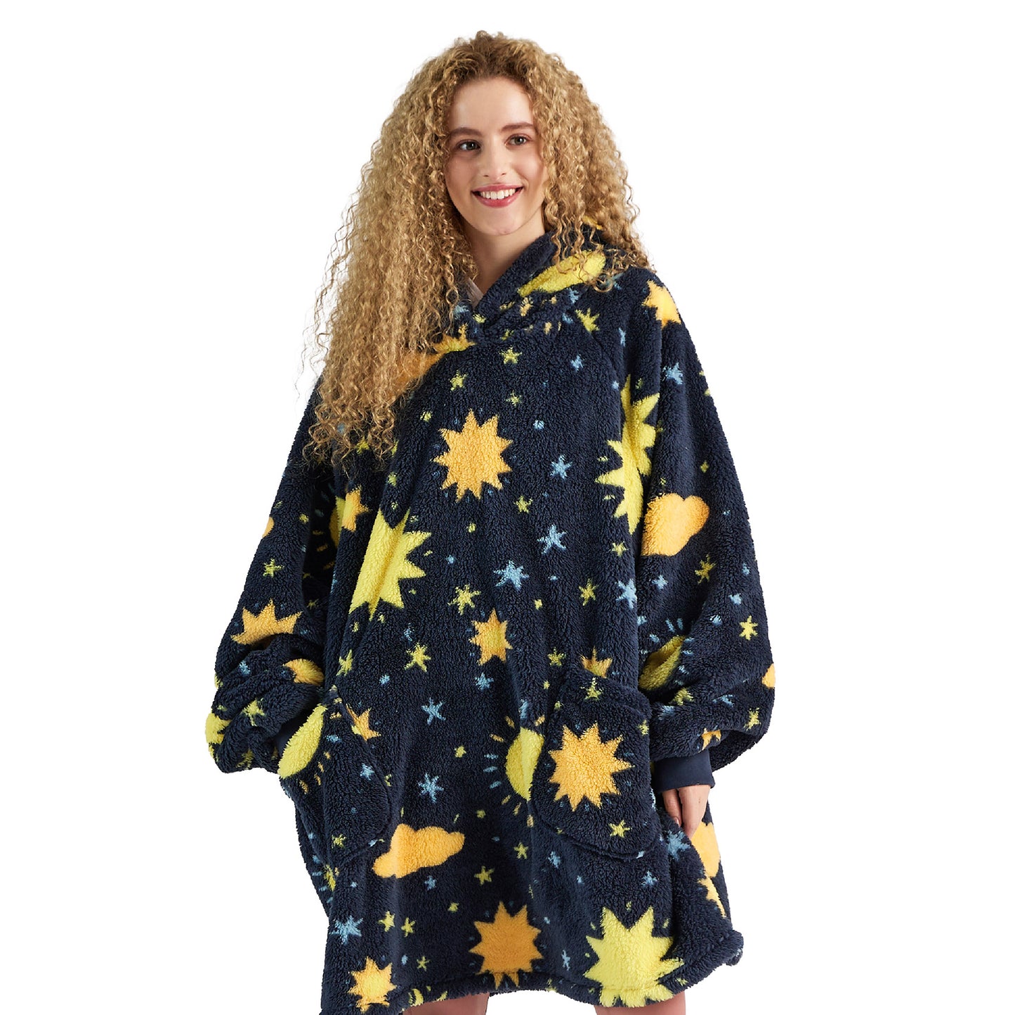 Printed Shaggy Sherpa Blanket Hoodie Navy Blue