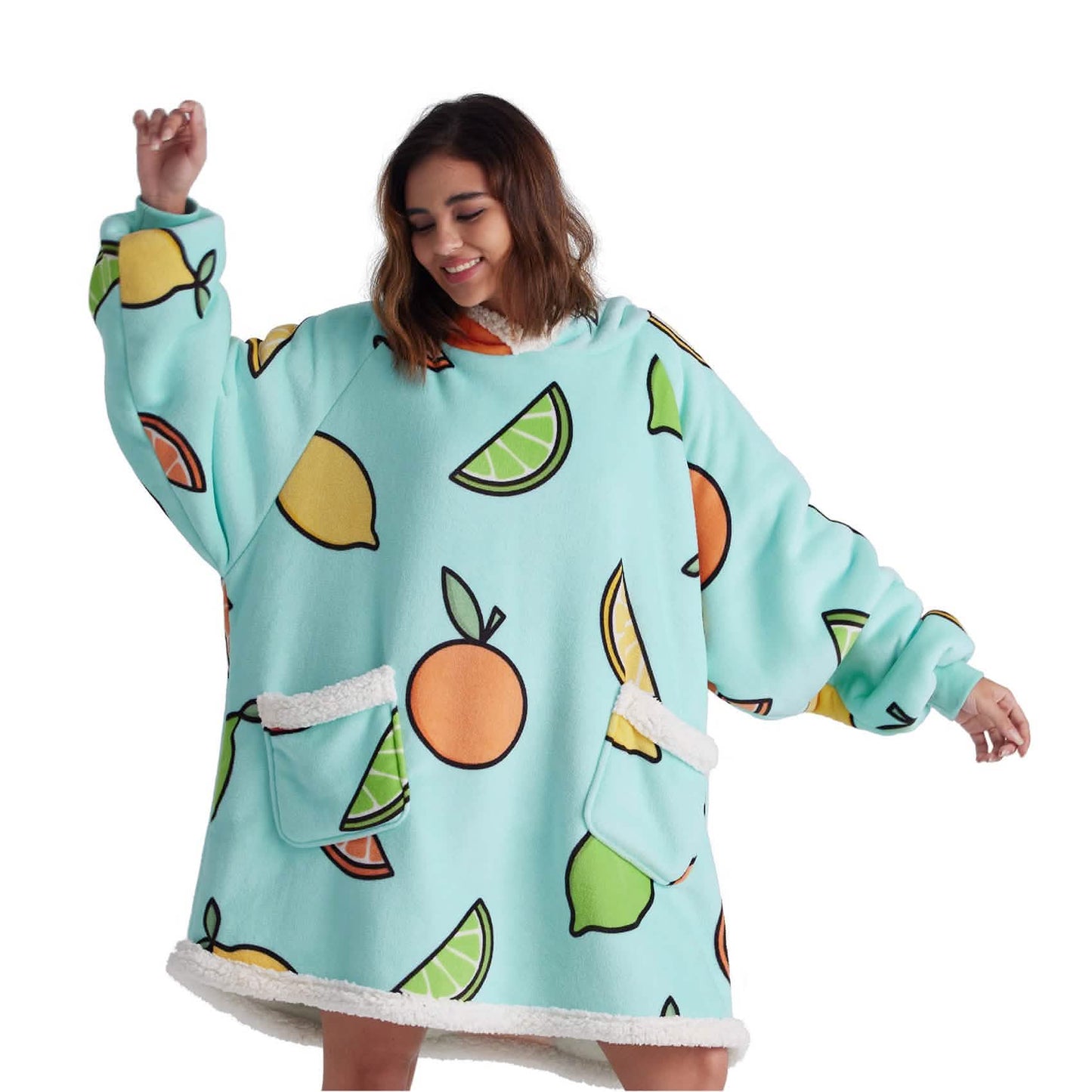 Cute Printed Patterns Sherpa Blanket Hoodie Teal