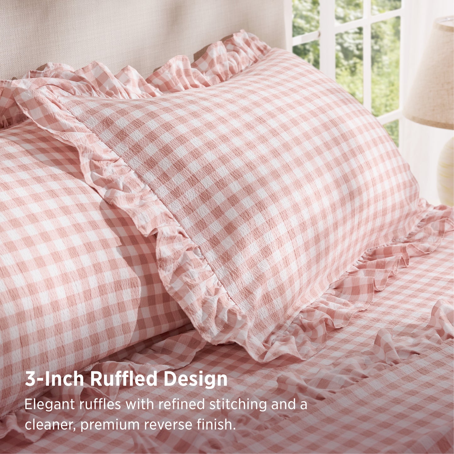 Ruffled Cotton-Like Gingham Sheet Set