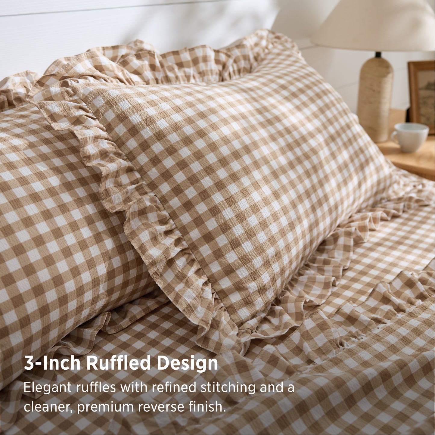 Ruffled Cotton-Like Gingham Sheet Set