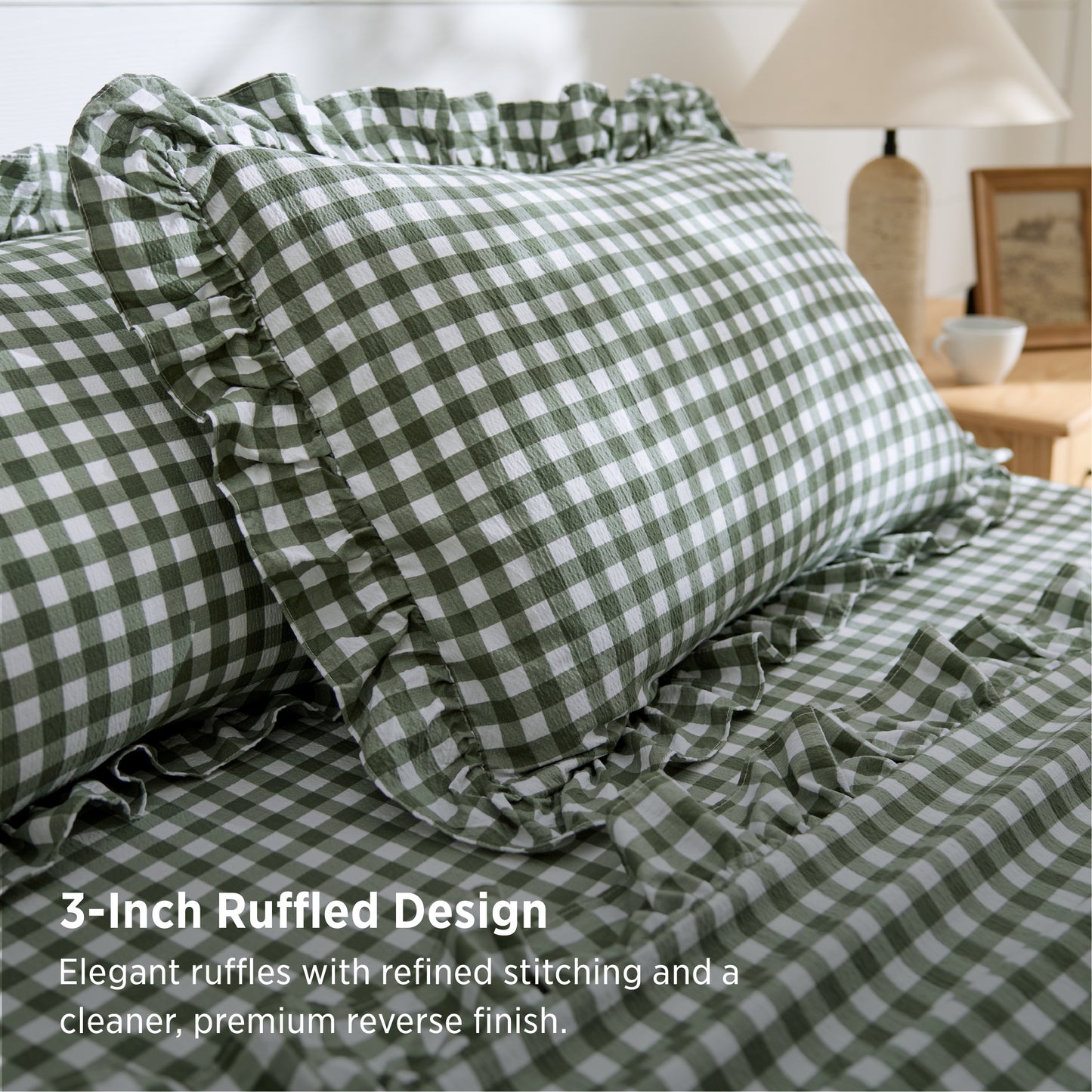 Ruffled Cotton-Like Gingham Sheet Set