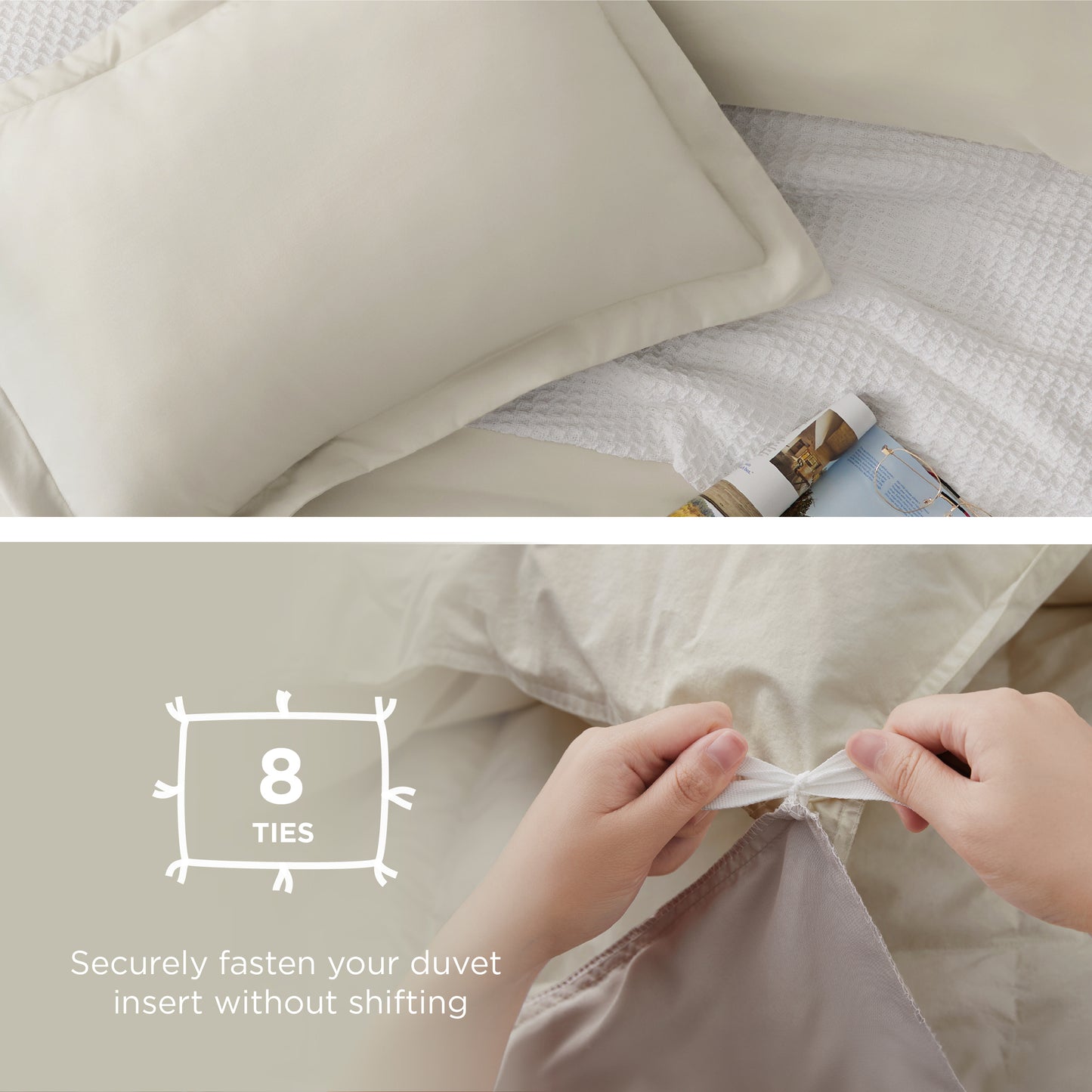 Step-by-step guide on how to secure a duvet insert with ties, showing a close-up of hands tying the ties.