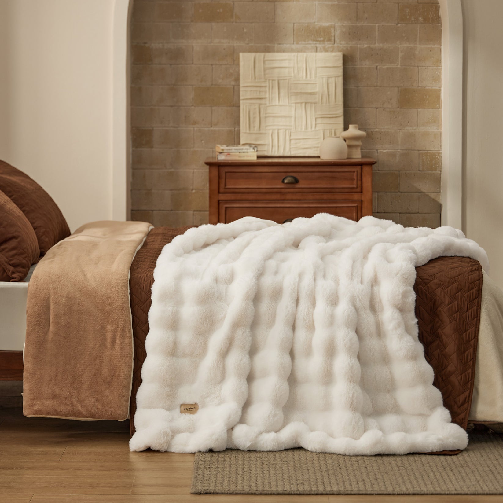 MAYORAL FUR BLANKET WITH POM POMS - FOG