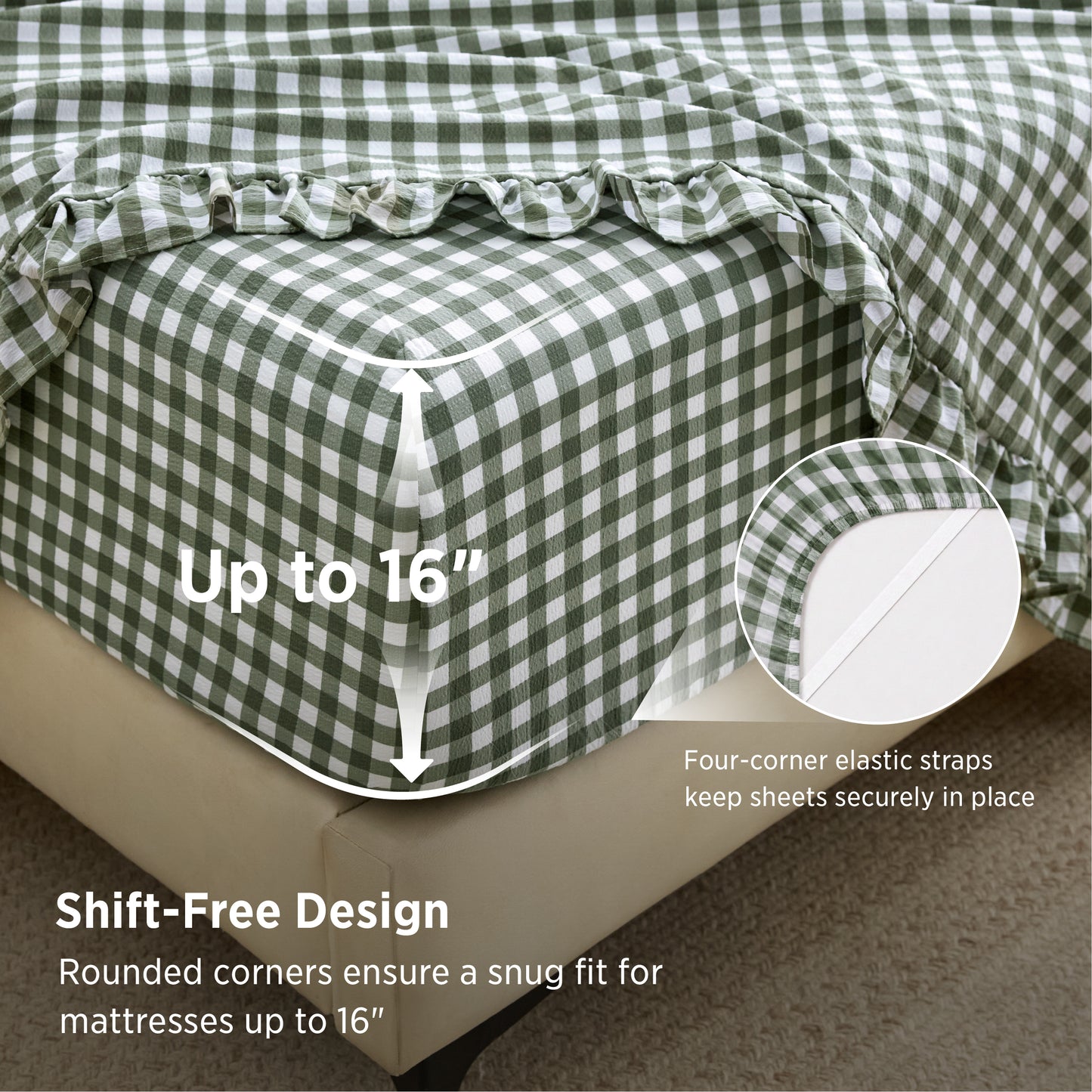 Ruffled Cotton-Like Gingham Sheet Set