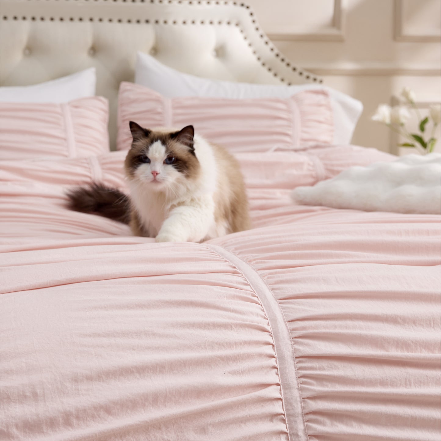 Pink ruched comforter set with bow detailing, featuring a fluffy cat on a tufted headboard.