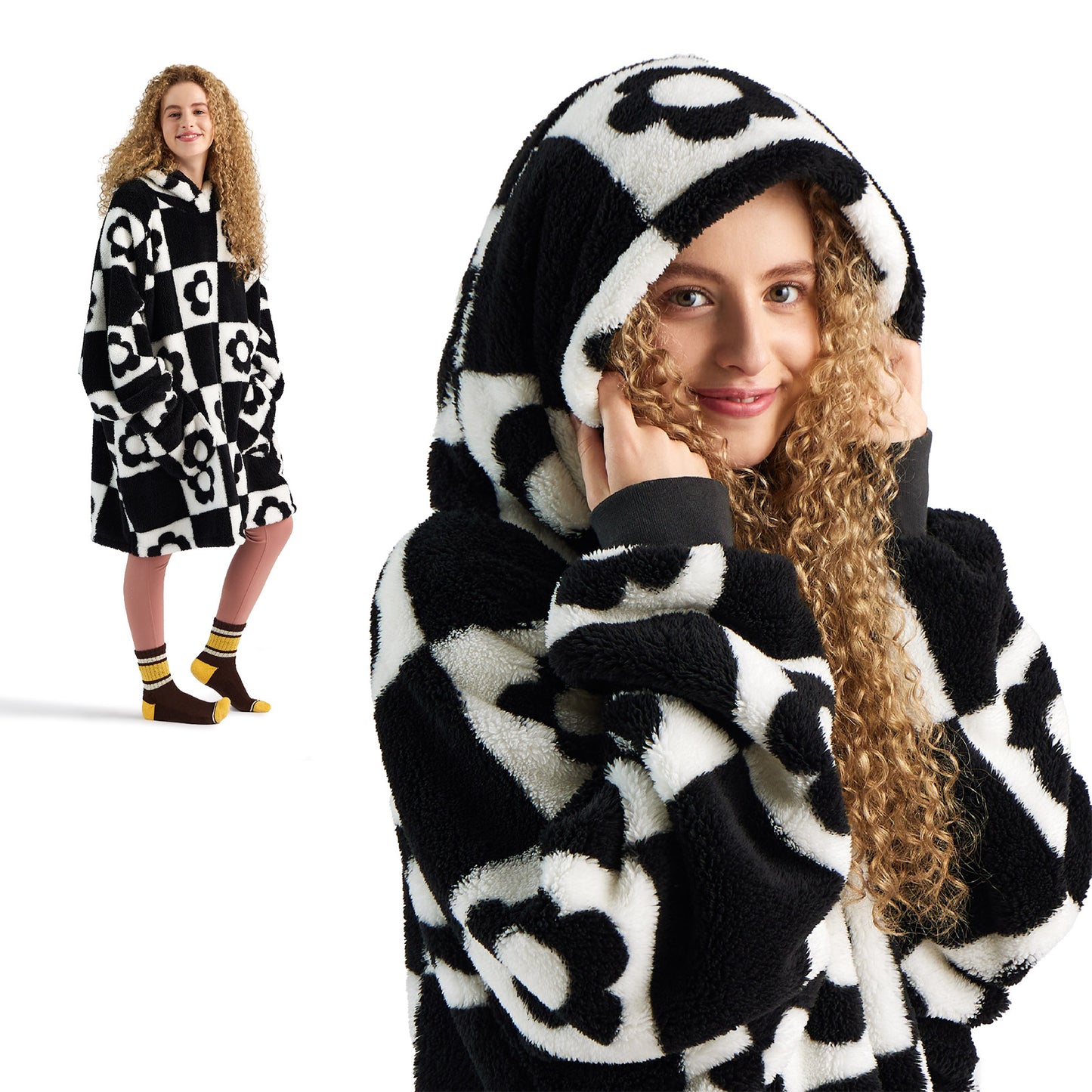 Printed Shaggy Sherpa Blanket Hoodie Black