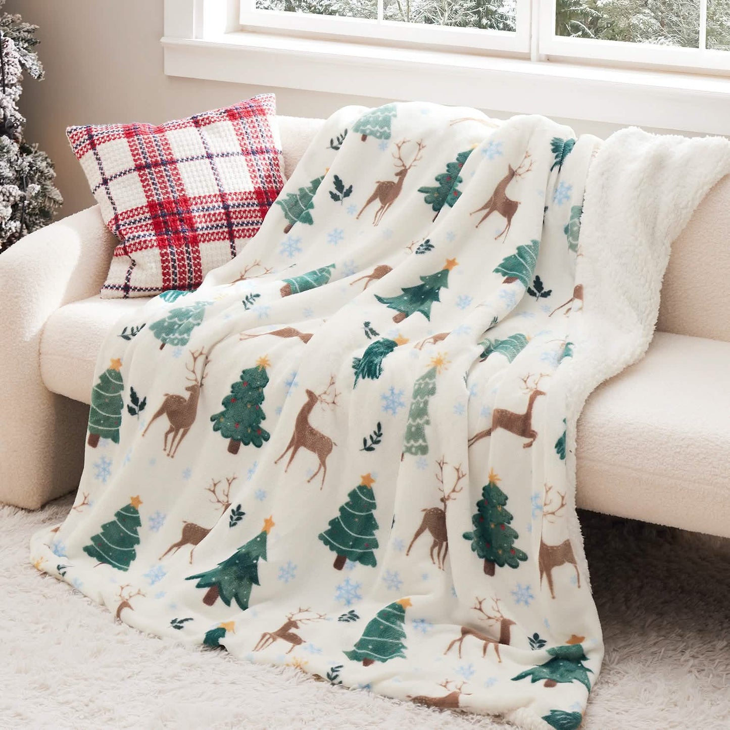Christmas Elk White Sherpa Throw Blanket