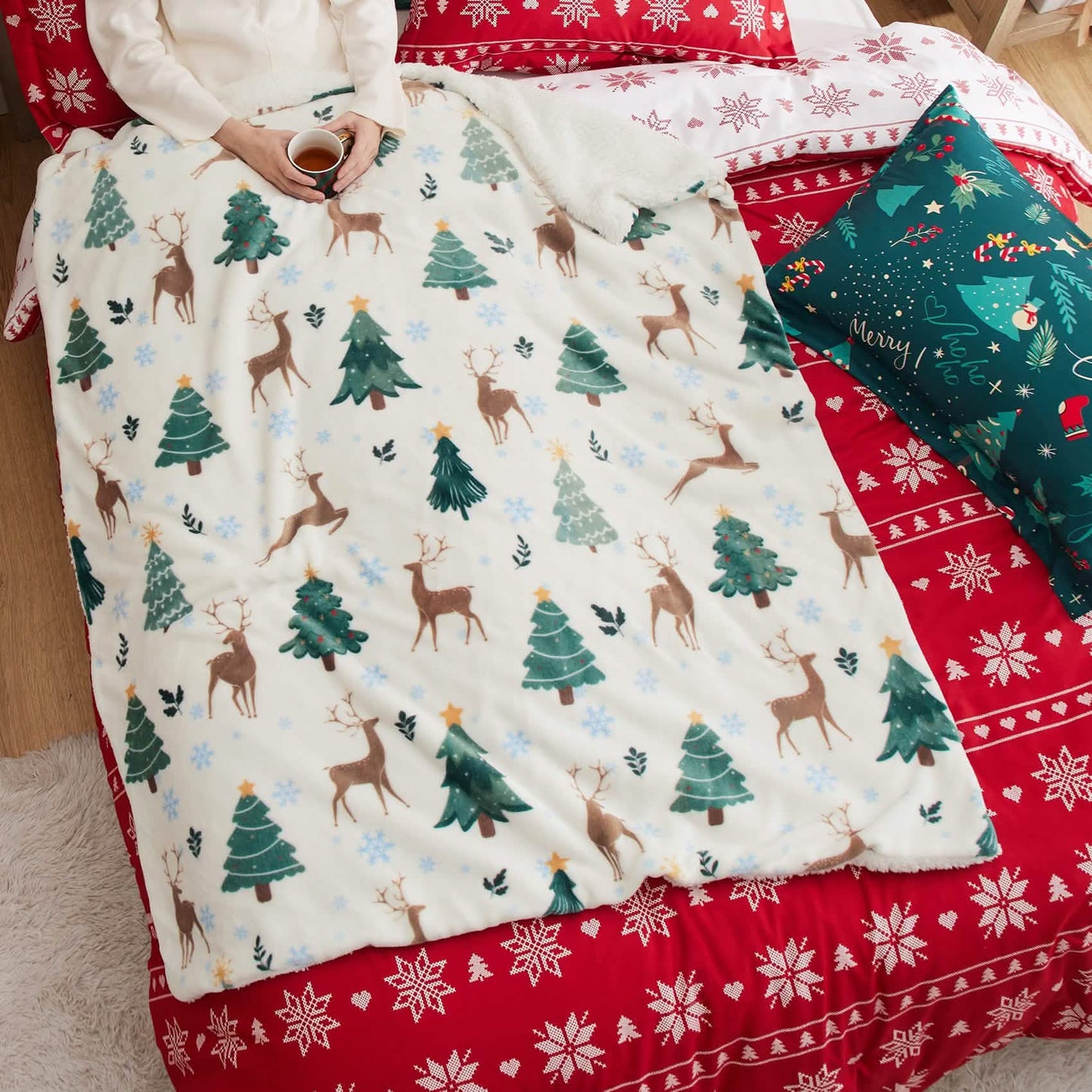 Christmas Elk White Sherpa Throw Blanket
