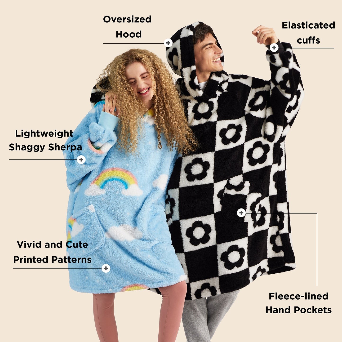 Printed Shaggy Sherpa Blanket Hoodie Black