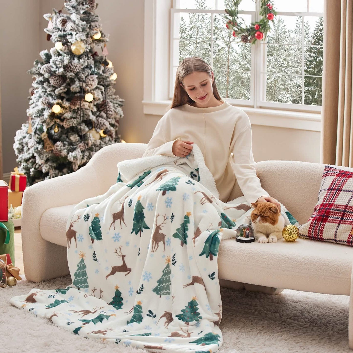 Christmas Elk White Sherpa Throw Blanket