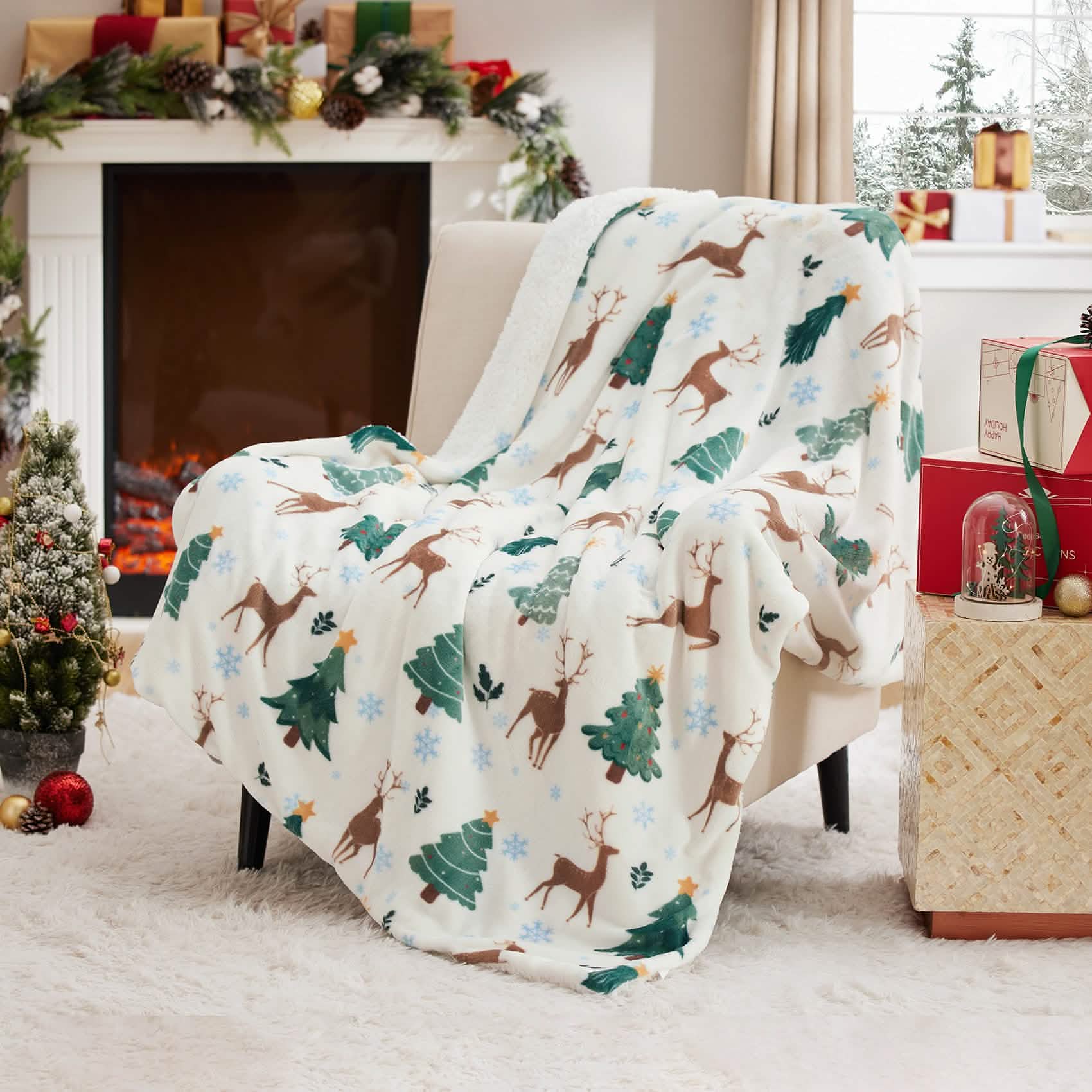 Christmas Elk White Sherpa Throw Blanket