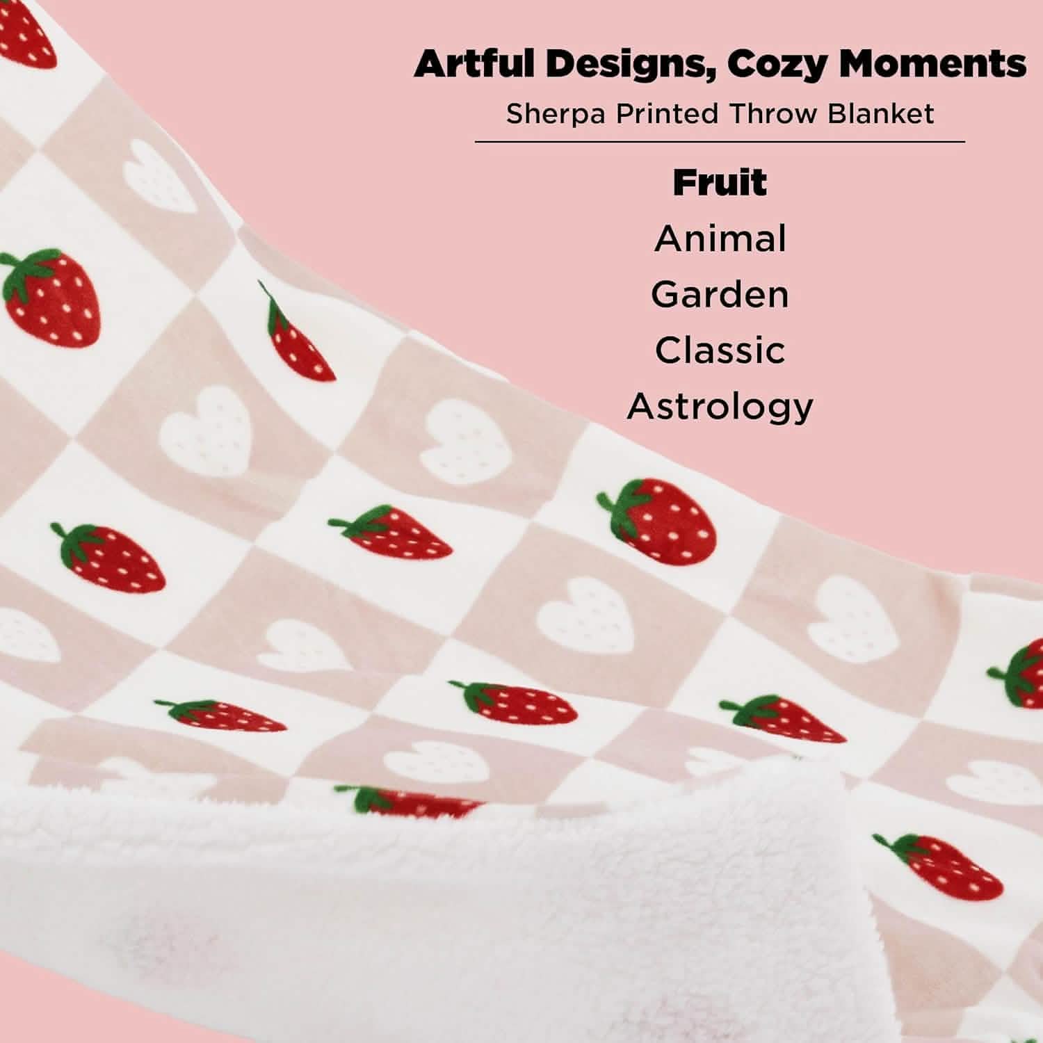 Printed Throw Sherpa Blanket Strawberry Checkboard