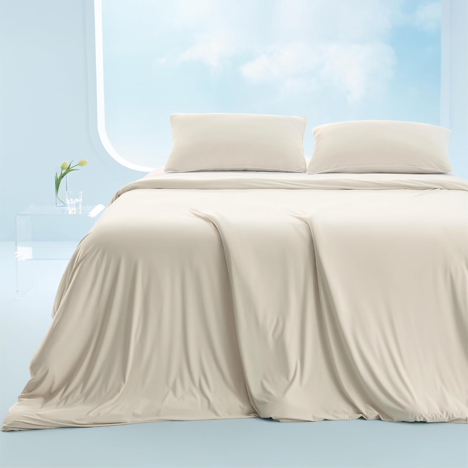 Bedsure Cooling Duvet Cover Queen Size - GentleSoft™ Cooling Bedding Set for Hot Sleepers, Ice-Cool Fabric Technology for Night Sweats, Soft & Breathable Lightweight Comforter Cover Set, 90x90, Beige