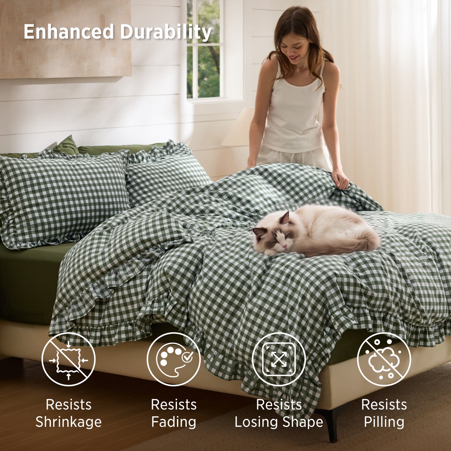 Ruffled Cotton-Like Gingham Duvet Cover Set