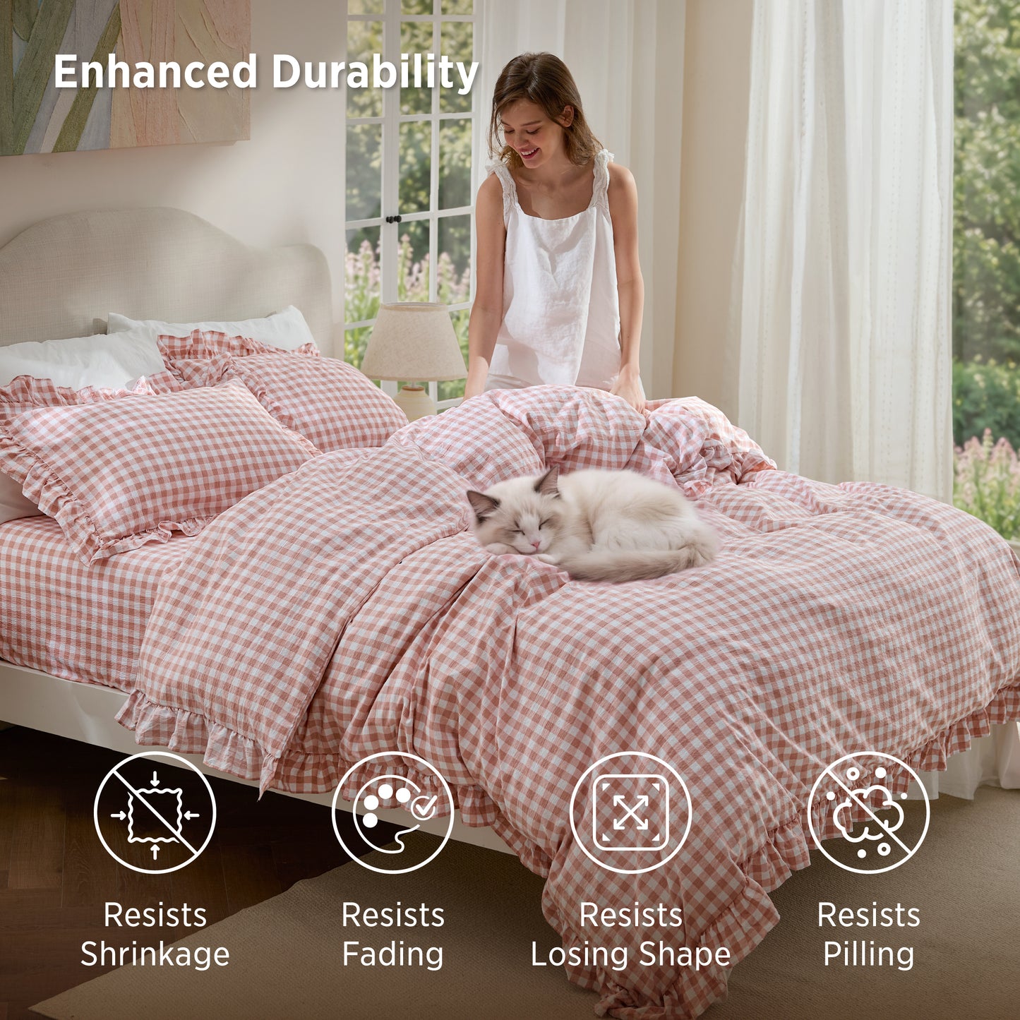 Ruffled Cotton-Like Gingham Duvet Cover Set