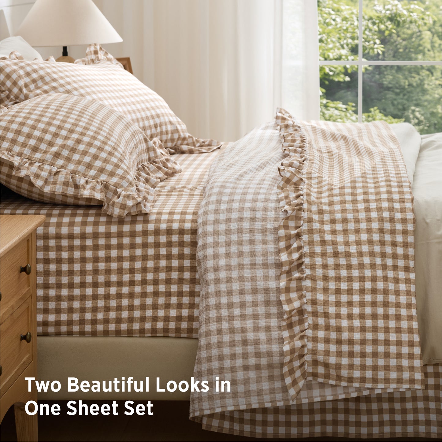 Ruffled Cotton-Like Gingham Sheet Set