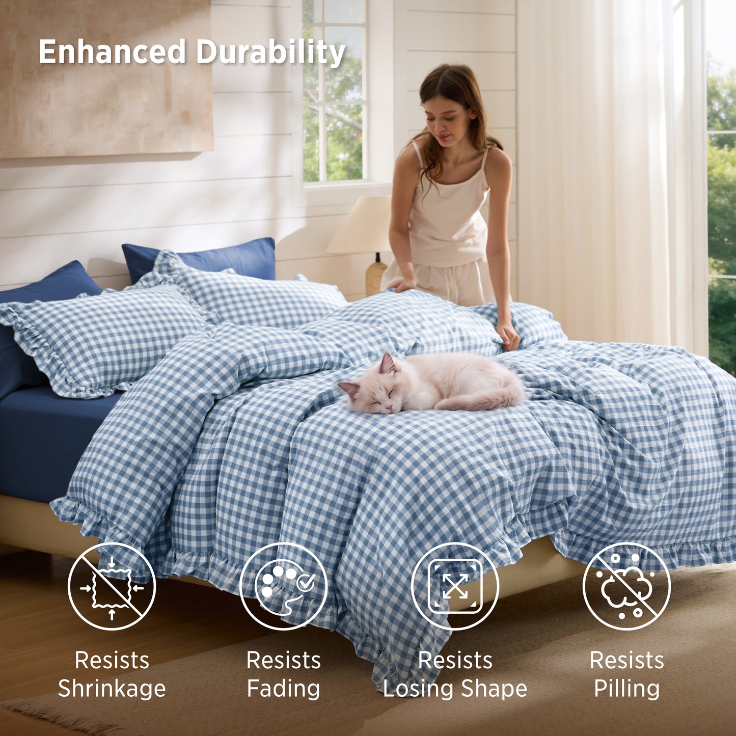 Ruffled Cotton-Like Gingham Duvet Cover Set