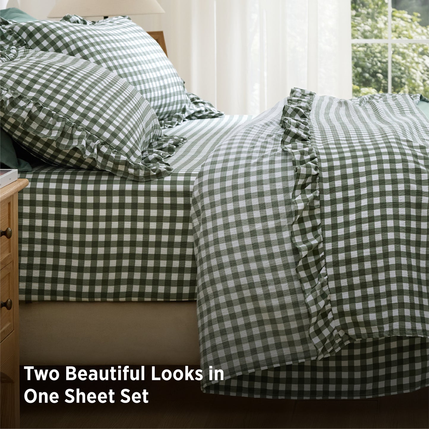 Ruffled Cotton-Like Gingham Sheet Set