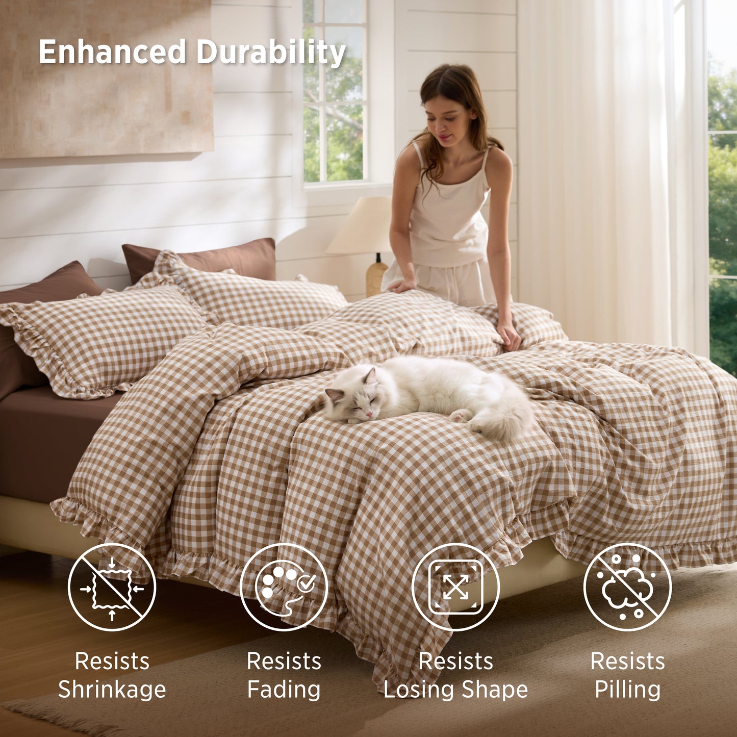 Ruffled Cotton-Like Gingham Duvet Cover Set