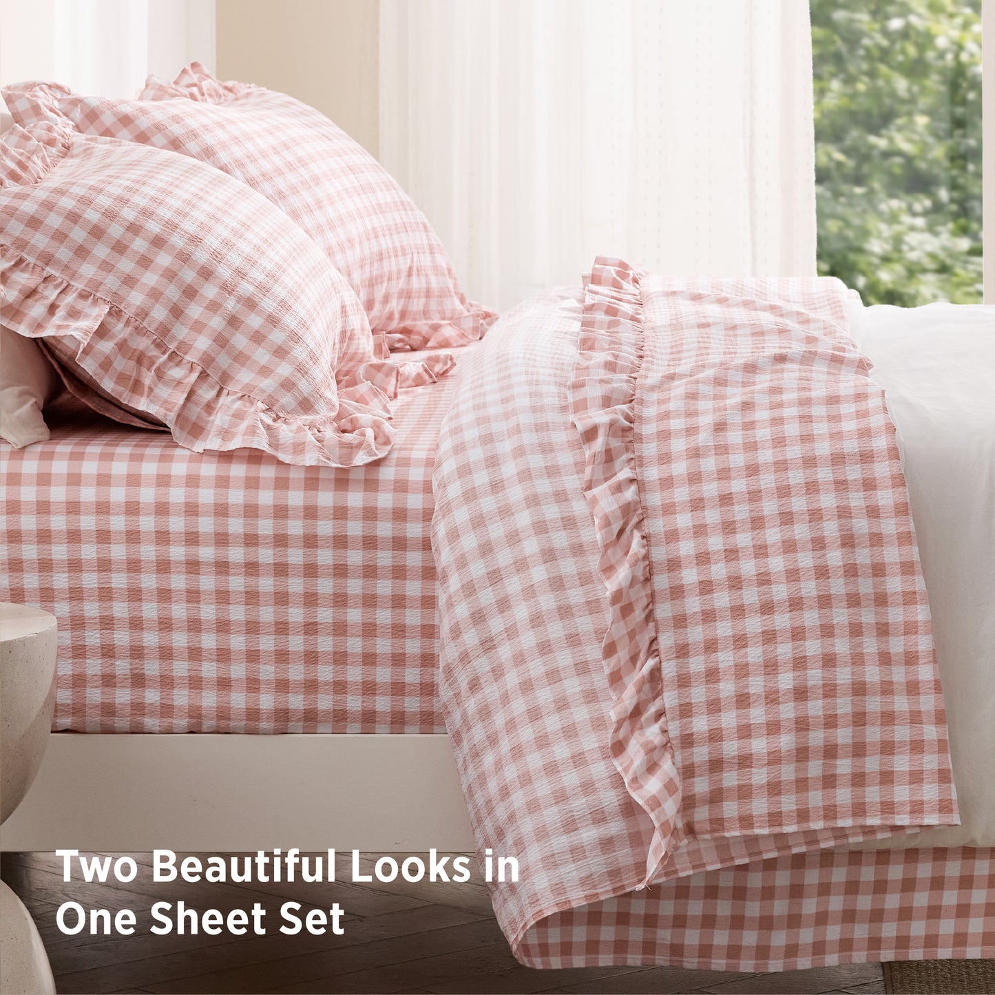 Ruffled Cotton-Like Gingham Sheet Set