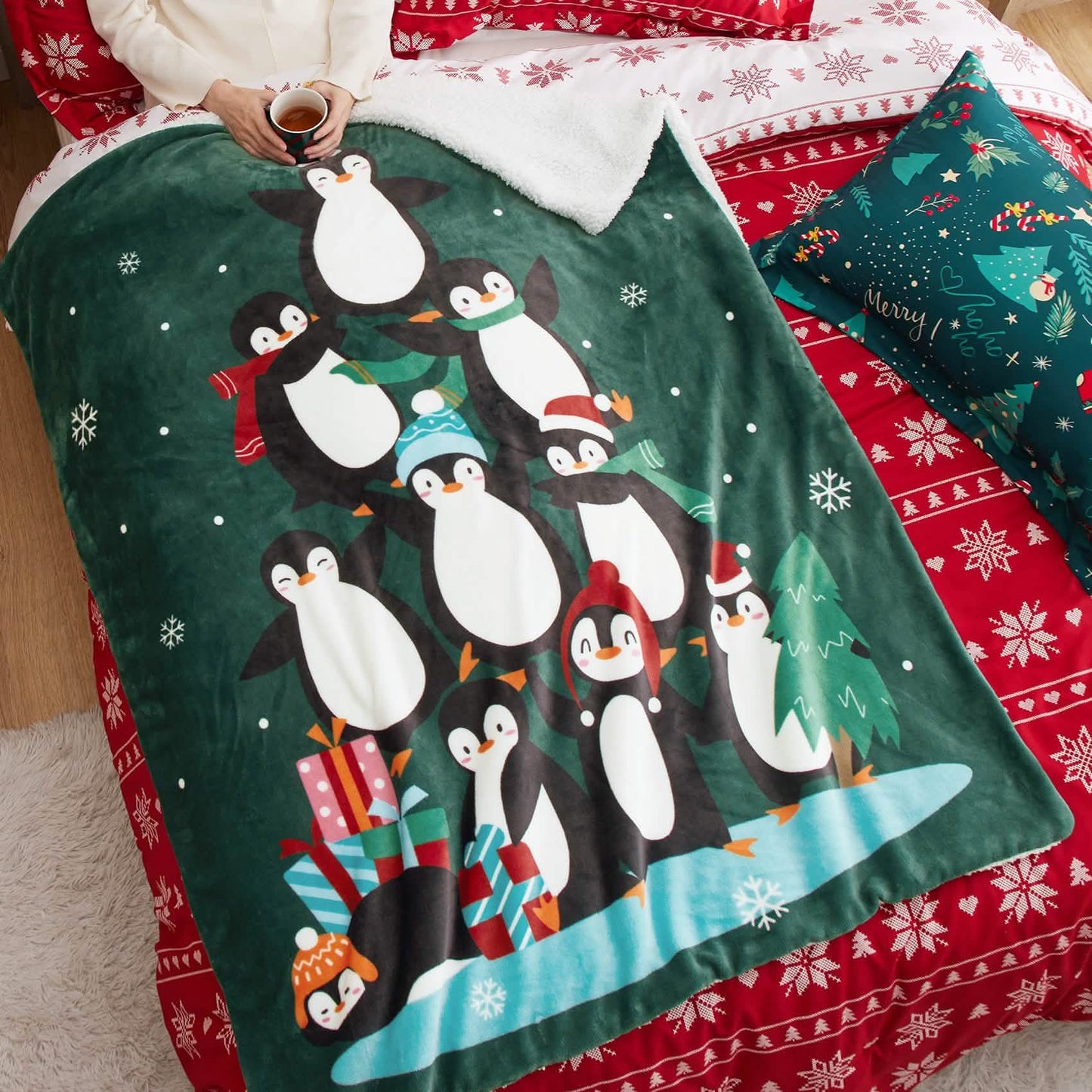 Christmas Penguin Green Sherpa Throw Blanket