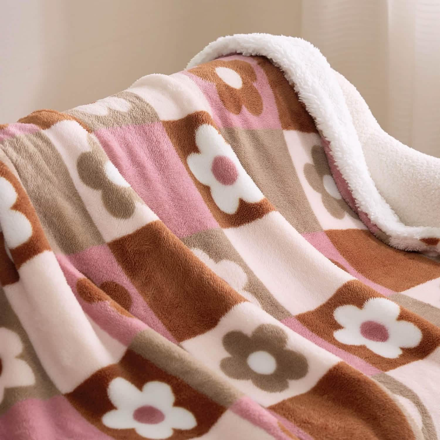 Printed Throw Sherpa Blanket flower Checkboard