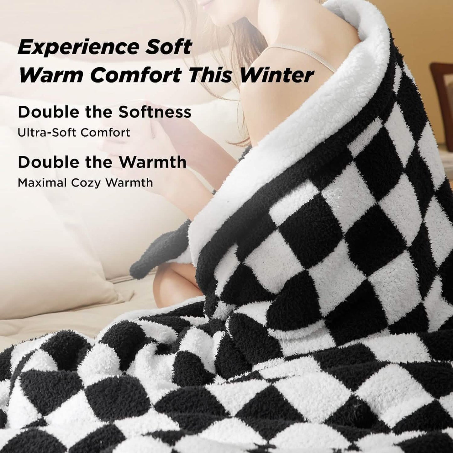 Ultra-Soft Double Side Yarn Sherpa Checkered Blanket