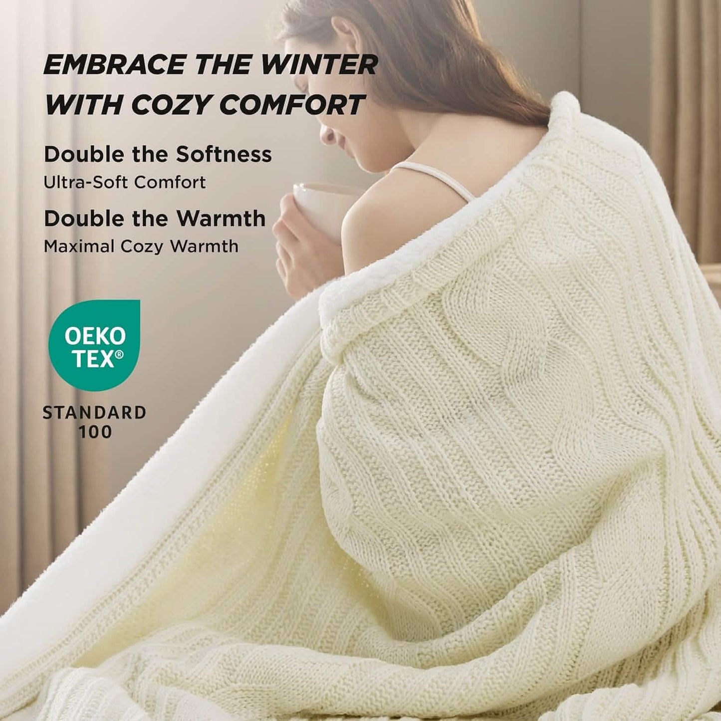 Knit Sherpa Reversible Throw Blanket-Cable Knit
